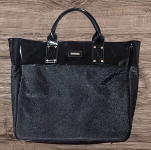 VERSACE PARFUMS Black Patent Leather Shoulder Large Tote Bag Designer Travel Bag